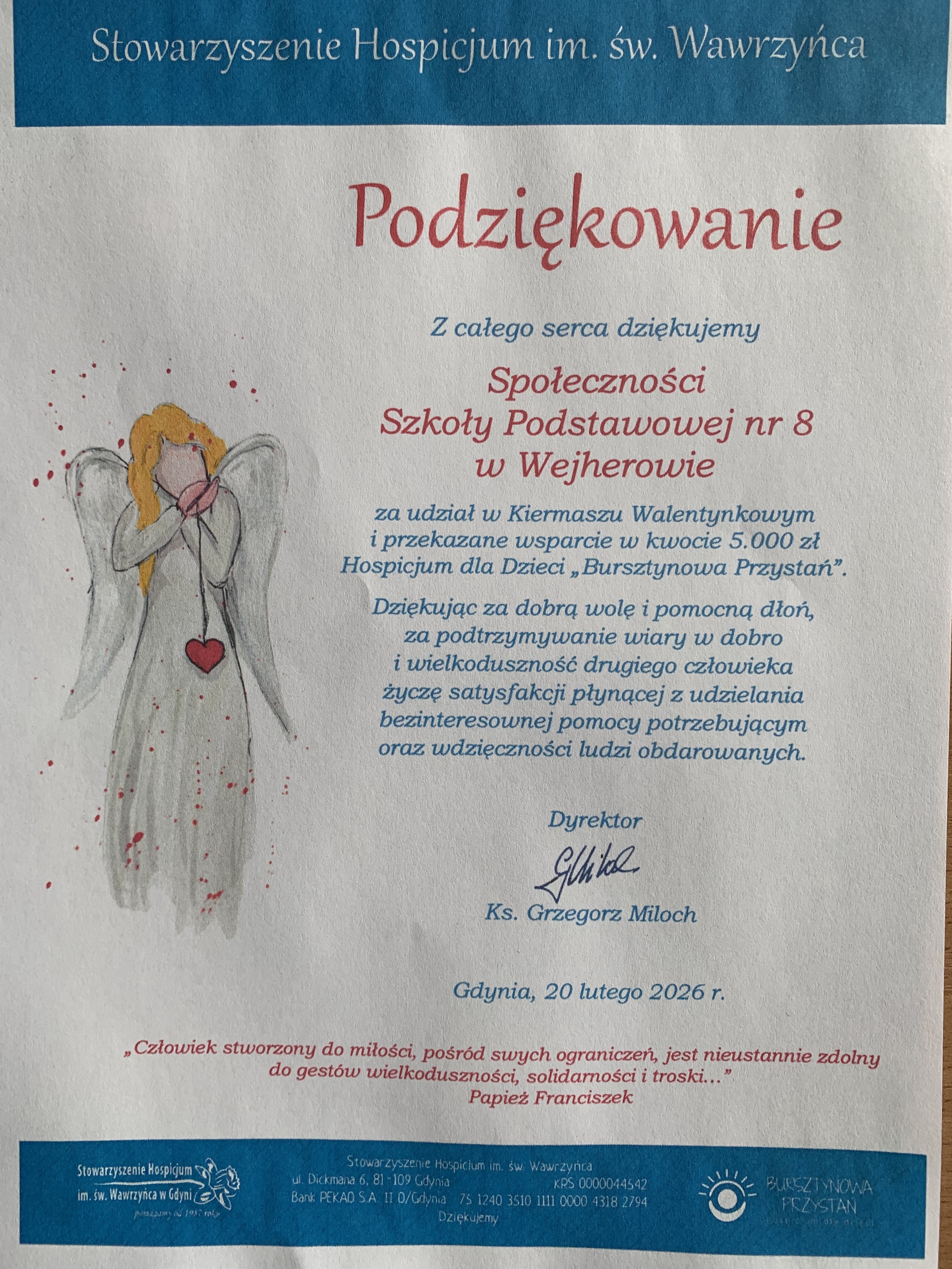 podziękowanie dla społeczności szkolnej za wsparcie od Stawarzyszenia Hospicjum im. św.Wawrzyńca  
