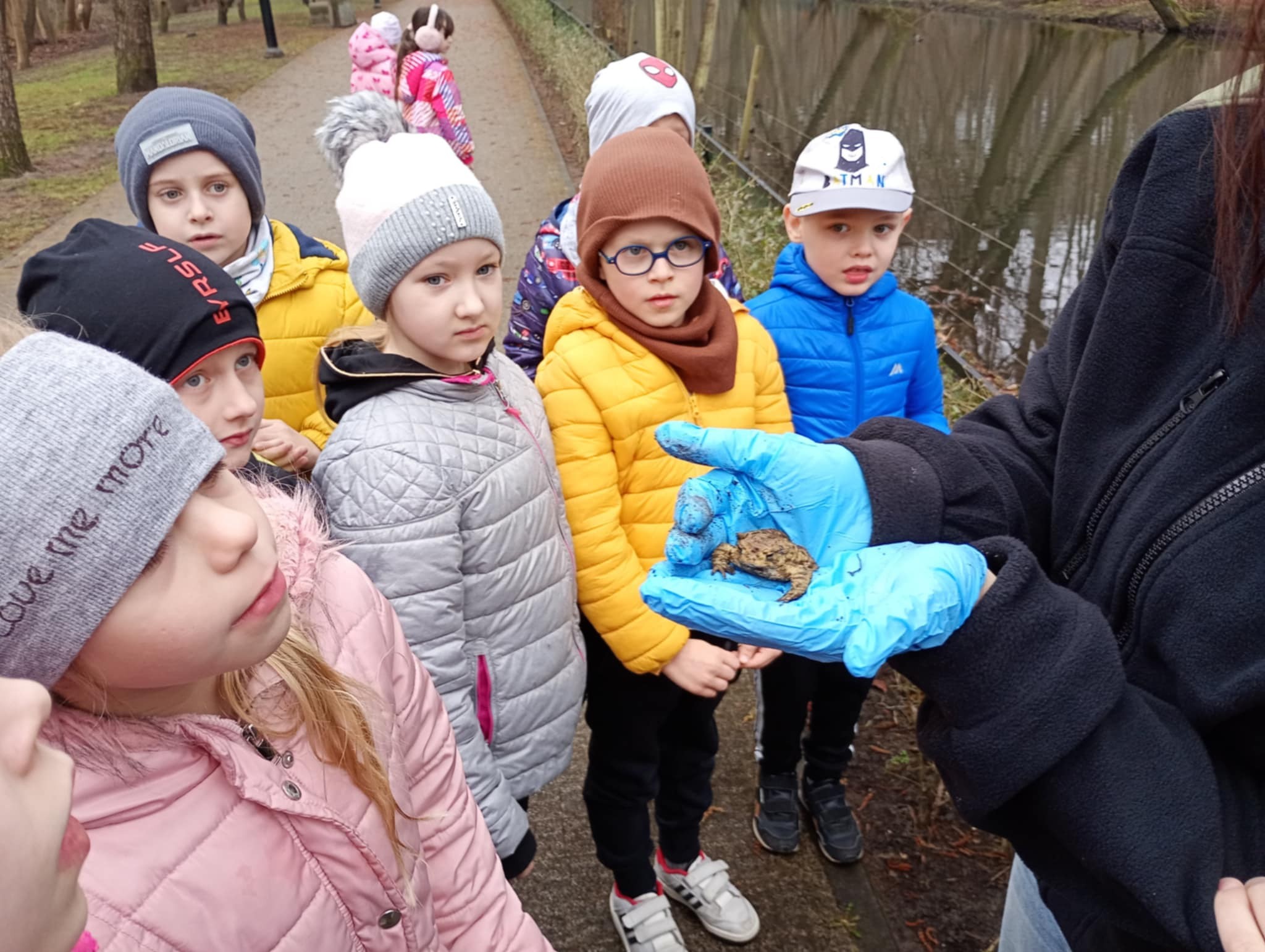 Dzieci oglądające żabę której Pani Joanna pomogła dotrzeć do zbiornika wodnego